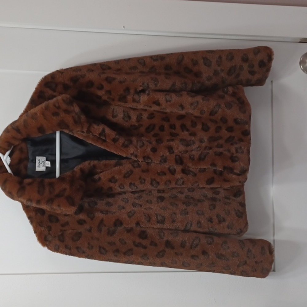 Faux Fur Sunset & Sixth Leopard Animal Spots Short Brown Coat Jacket XS Small